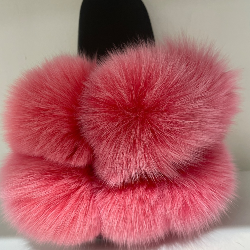 Women's Real Fox Furry Fur Slides, Open-Toe Cute Fur Sandals M3